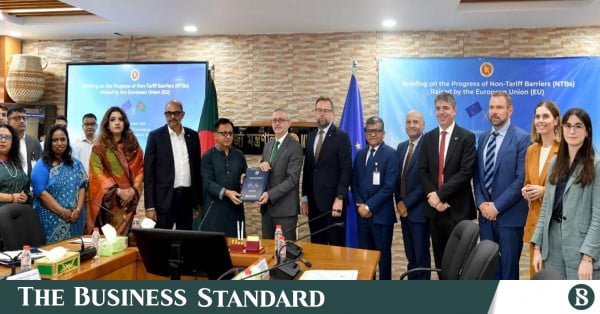 Commerce Minister Khandaker Abdul Muktadir with EU Ambassador Michael Miller at Commerce Ministry briefing on non-tariff barriers