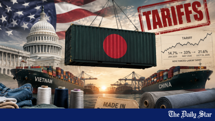 US tariff chart showing Bangladesh tariff advantage over China and Vietnam in apparel imports with man-made fibre MMF shift analysis