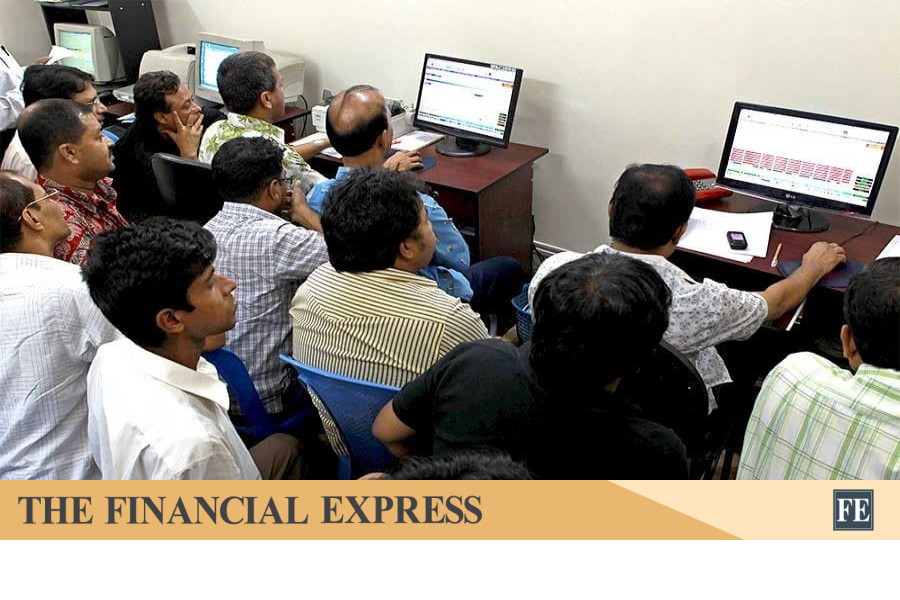 Stock market trading floor with upward arrow showing price rebound. Dhaka Stock Exchange (DSE) rebounded on bargain hunting after a two-day fall.