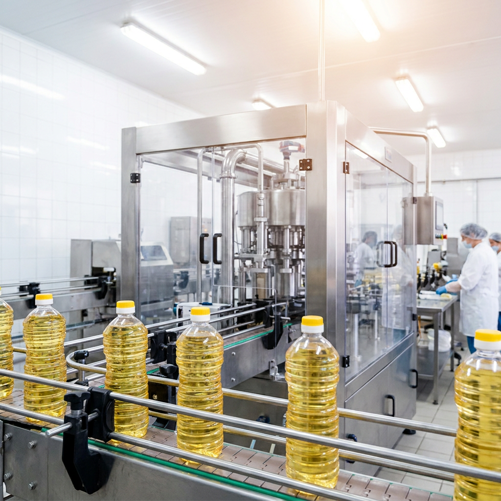 Sunflower oil bottles on a factory production line, representing the edible oil market City Group serves