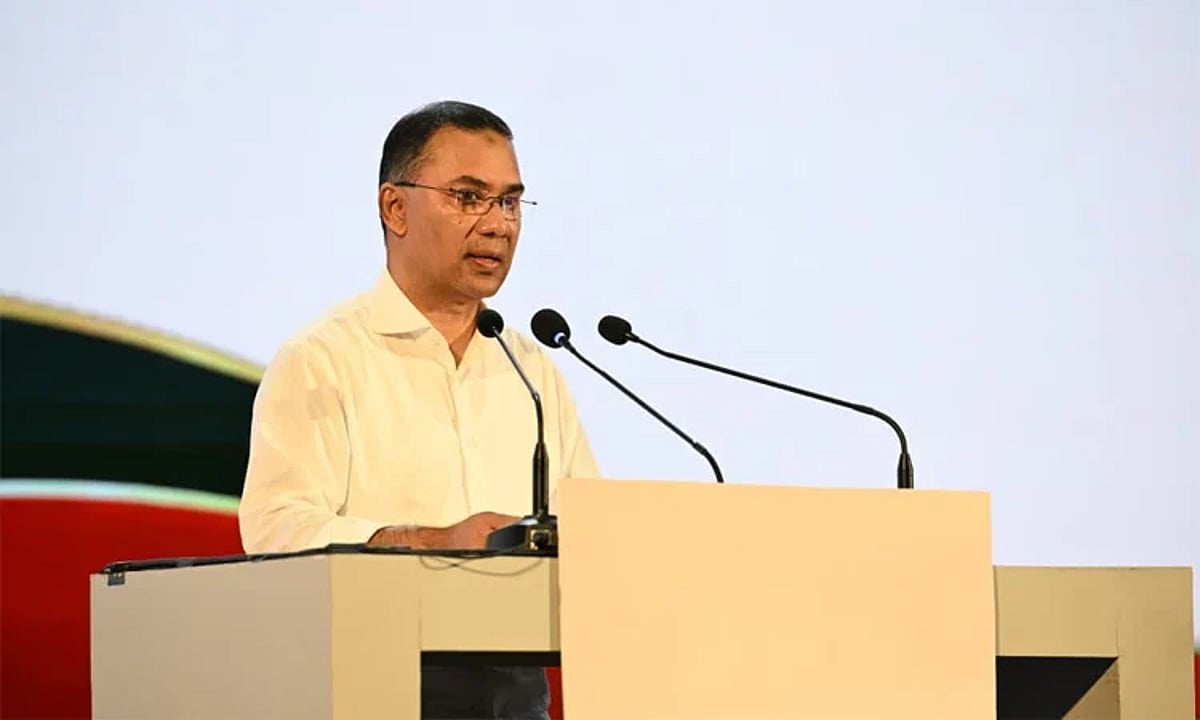 Prime Minister Tarique Rahman addressing the FICCI FDI Conference 2026 at Bangladesh-China Friendship Conference Center in Dhaka
